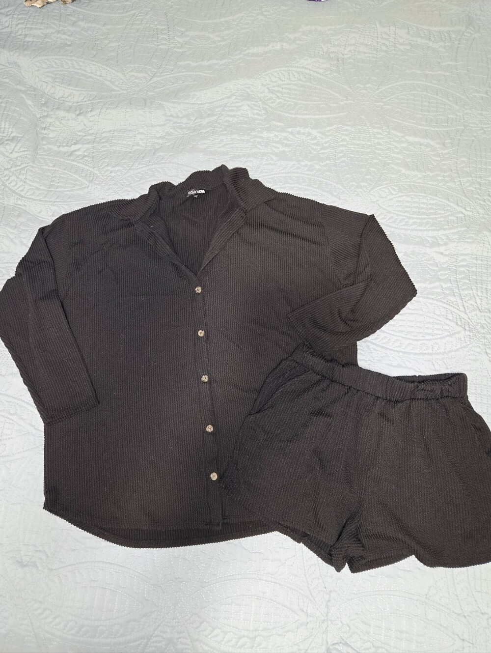 Fashion Nova Women's 1X Waffle-Knit Black Shorts Set